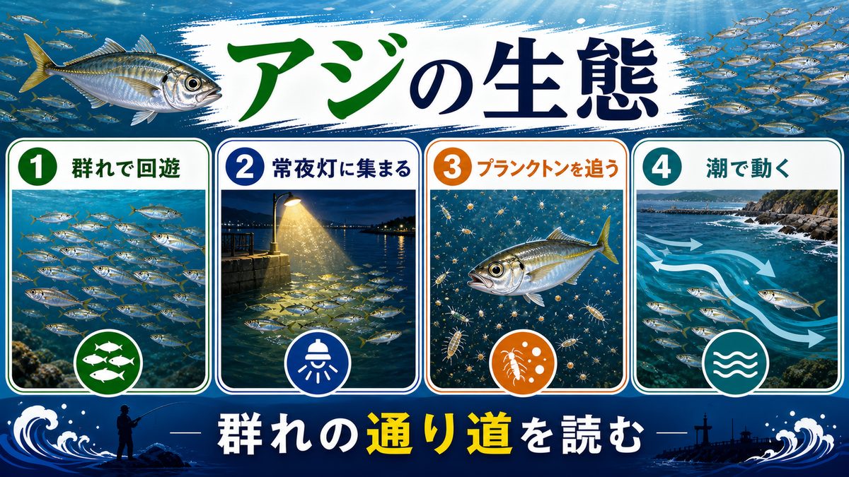 2. アジの生態の深掘り|なぜそこにいて、なぜそれを食べるのかの要点をまとめた釣り攻略インフォグラフィック