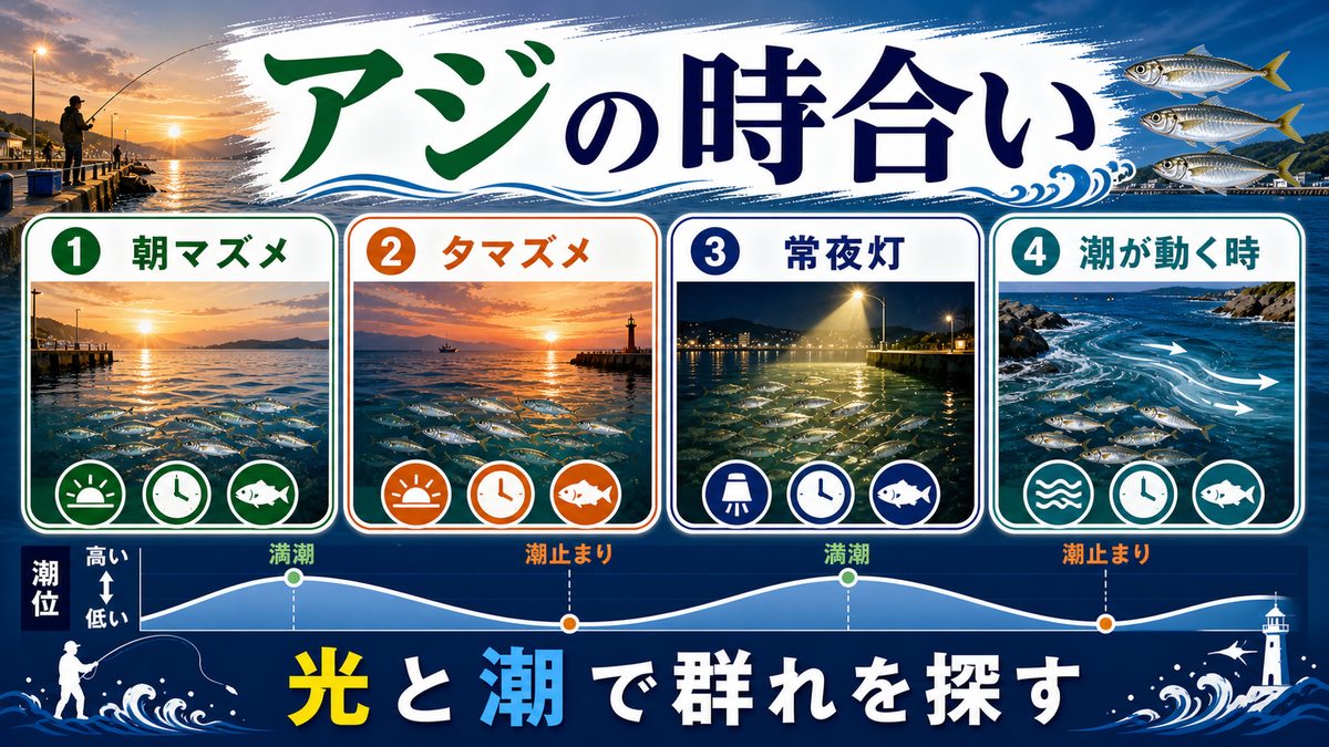 5. 時間帯と潮の読み方|釣れる「時合」を見極めるの要点をまとめた釣り攻略インフォグラフィック