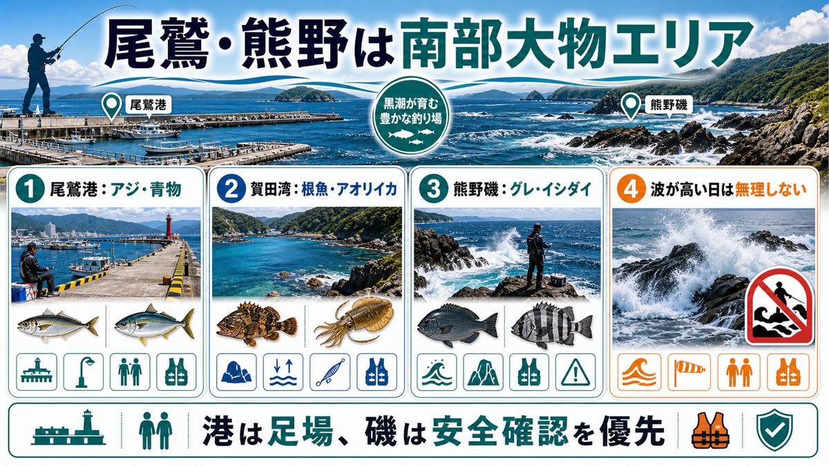 2. 尾鷲・熊野のおすすめ釣りスポット|磯・堤防・港の要点をまとめた釣り攻略インフォグラフィック