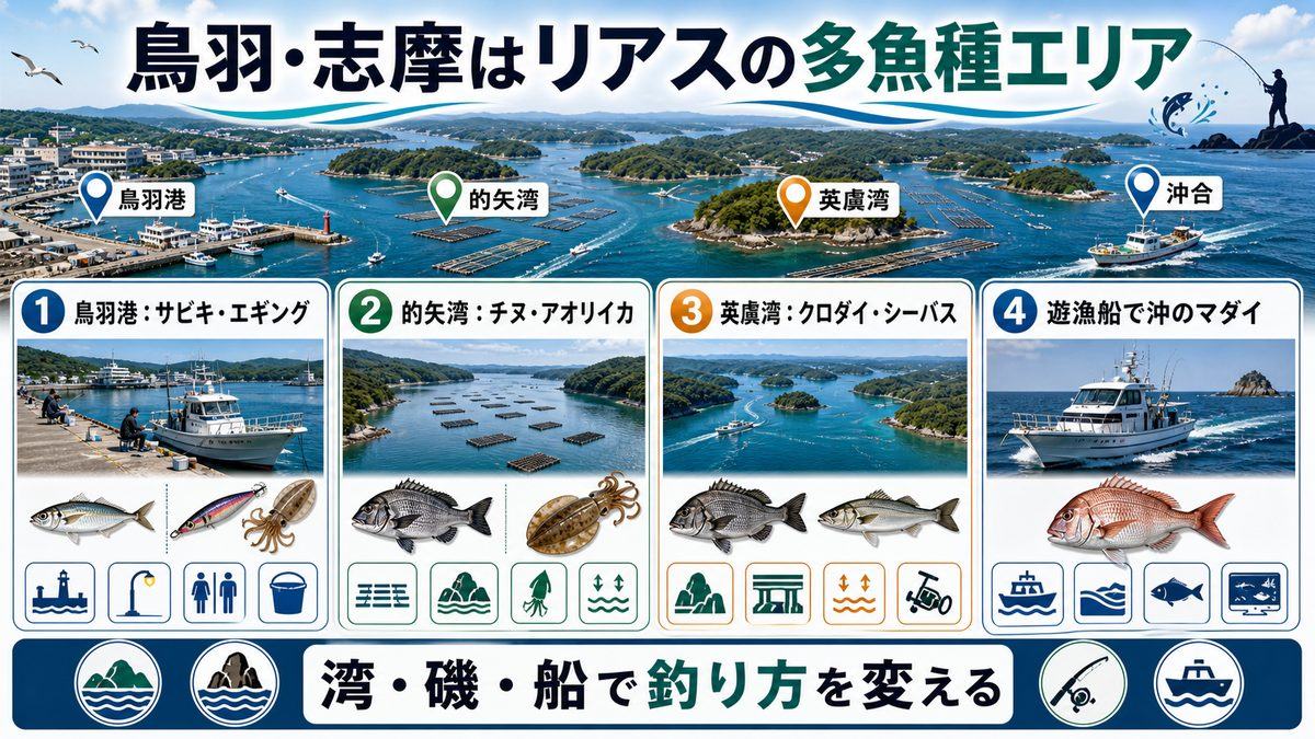 3. 鳥羽・志摩半島の釣りスポット|名磯と遊漁船の要点をまとめた釣り攻略インフォグラフィック
