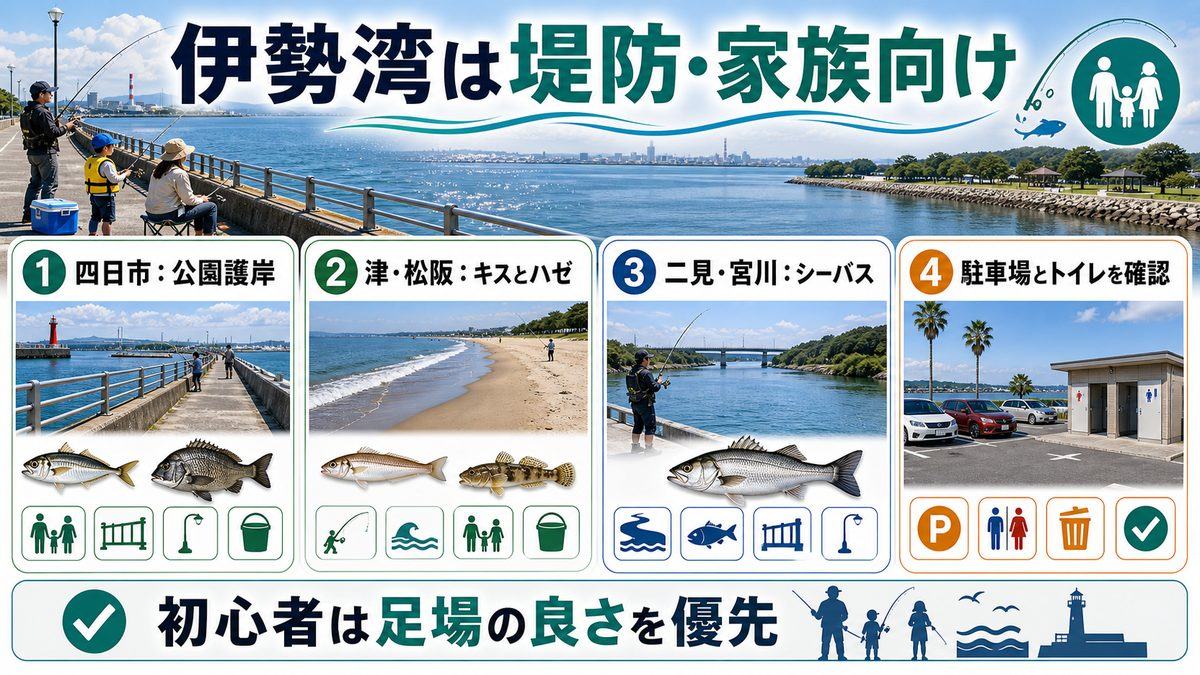4. 伊勢湾の堤防釣り|ファミリーにも人気の釣り場の要点をまとめた釣り攻略インフォグラフィック