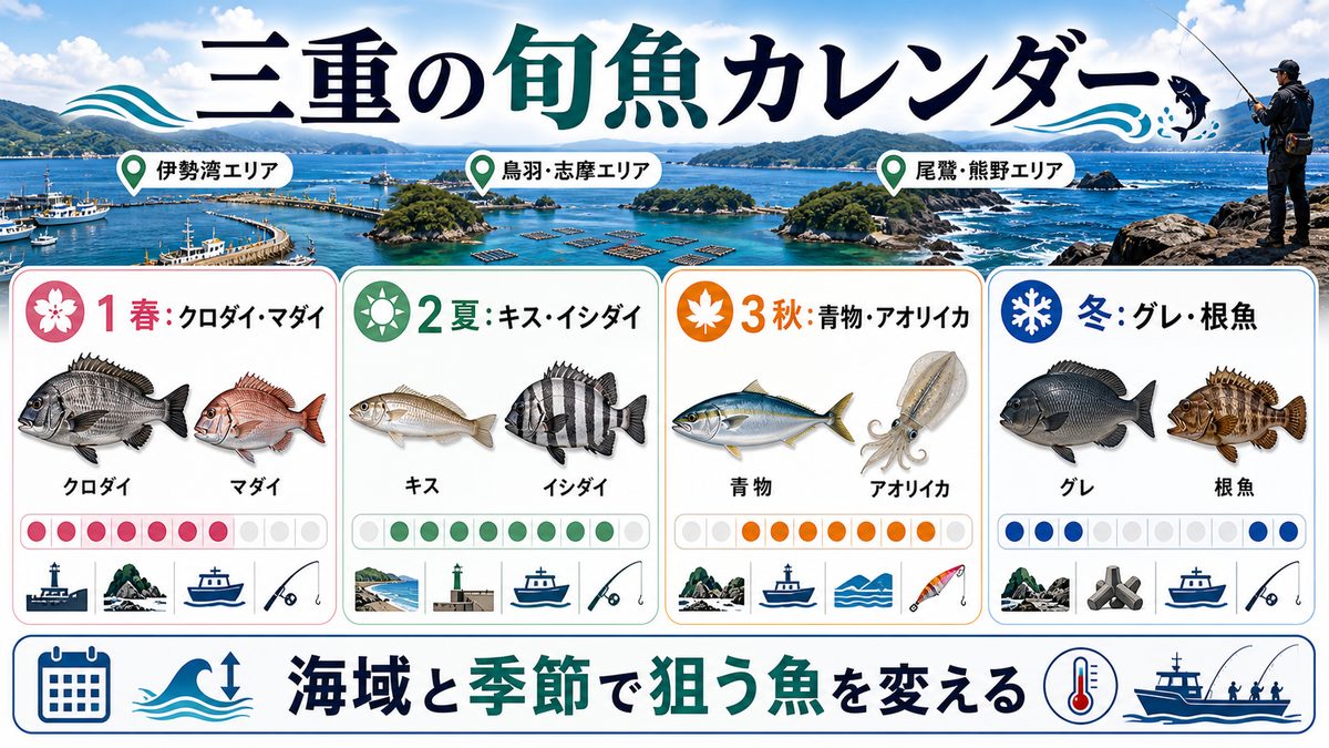 5. 三重で釣れる主な魚種と旬の時期の要点をまとめた釣り攻略インフォグラフィック