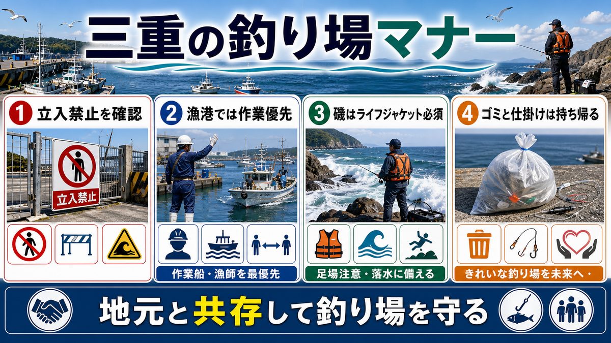 8. 三重の釣り場マナーと規制情報|地元漁師との共存の要点をまとめた釣り攻略インフォグラフィック