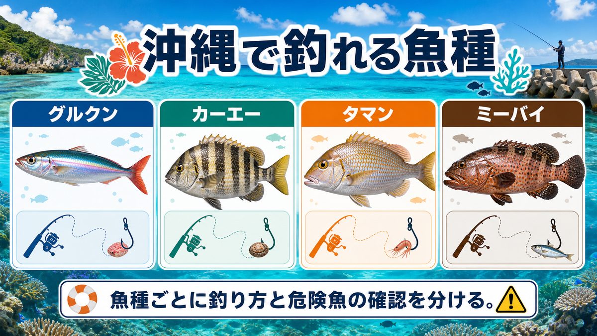 4. 沖縄で釣れる主な魚種一覧（表付き）｜熱帯魚・カーエー・グルクンの要点をまとめた釣り攻略インフォグラフィック