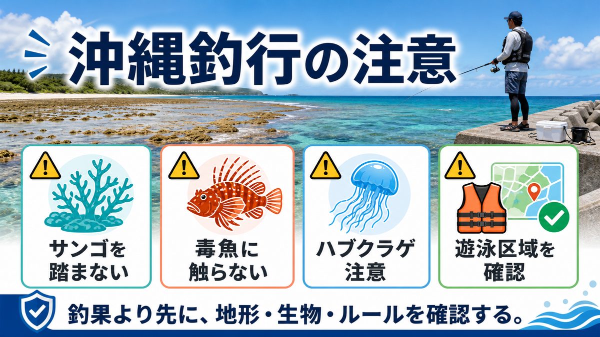7. 沖縄釣行の注意事項｜サンゴ礁・毒魚・ハブクラゲリスクの要点をまとめた釣り攻略インフォグラフィック