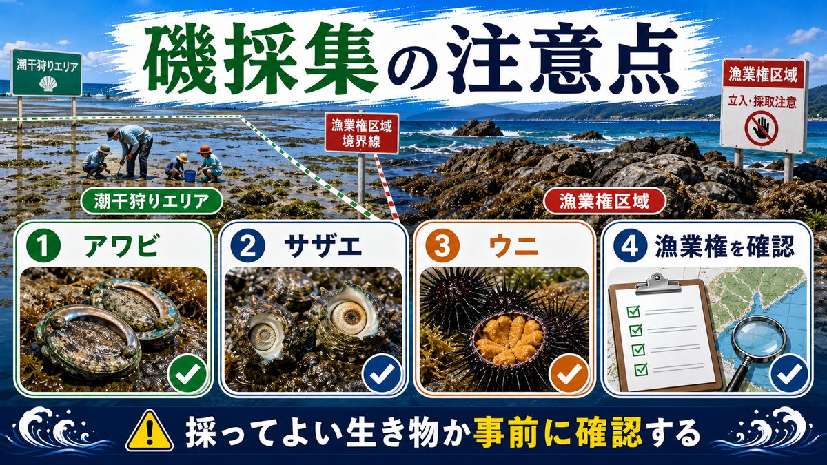6. 潮干狩り・磯採集と漁業権｜アワビ・サザエを採ってはいけない理由の要点をまとめた釣り攻略インフォグラフィック