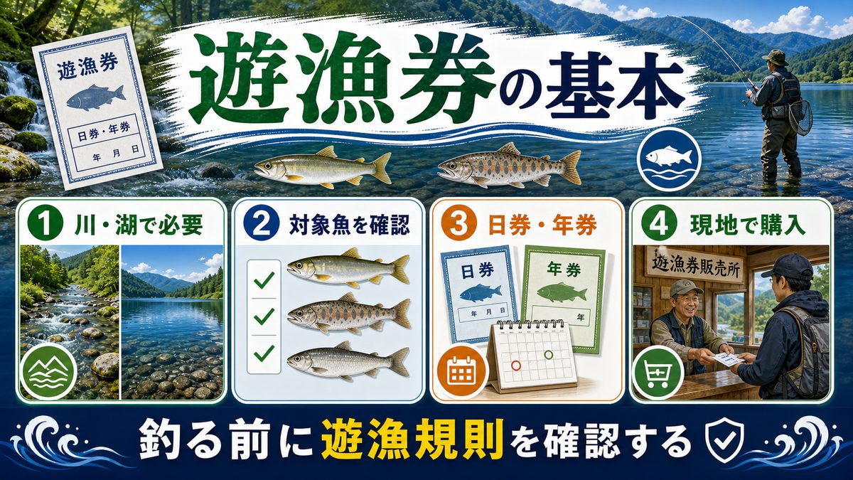 3. 内水面（川・湖）での遊漁券｜購入方法と対象魚種の要点をまとめた釣り攻略インフォグラフィック