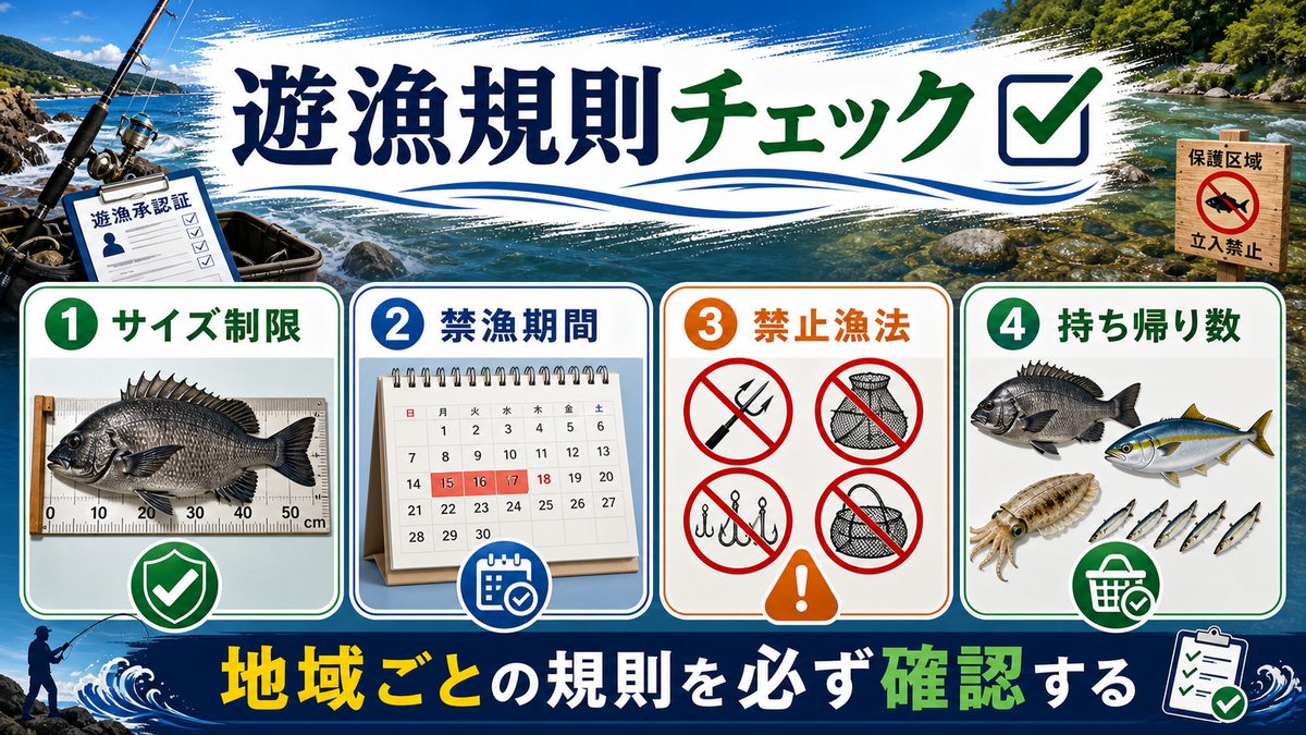 4. 遊漁規則の基本｜サイズ制限・禁漁期間・禁止漁法の確認方法の要点をまとめた釣り攻略インフォグラフィック