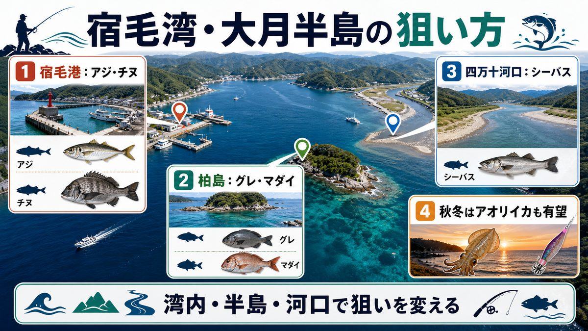 3. 宿毛湾・大月半島の釣りスポット|深い湾が生む多彩な魚種の要点をまとめた釣り攻略インフォグラフィック