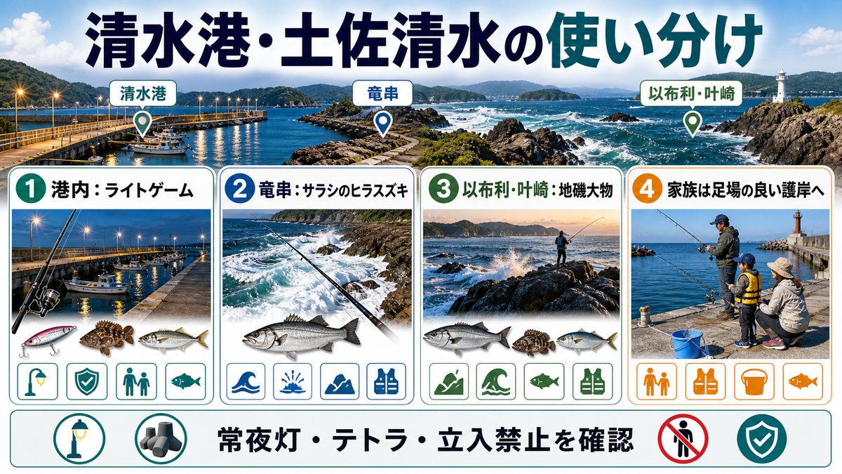 4. 清水港・土佐清水の堤防釣り|ファミリーから上級者までの要点をまとめた釣り攻略インフォグラフィック