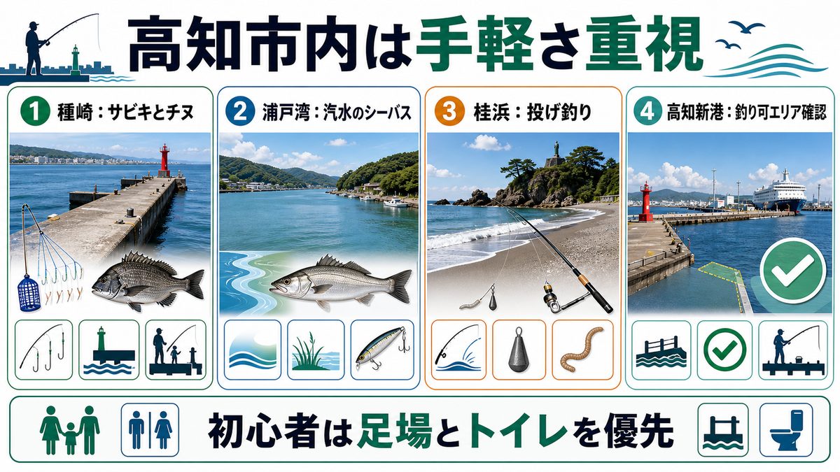5. 高知市内・種崎の堤防・港釣り|手軽に楽しめるアジ・メバルの要点をまとめた釣り攻略インフォグラフィック