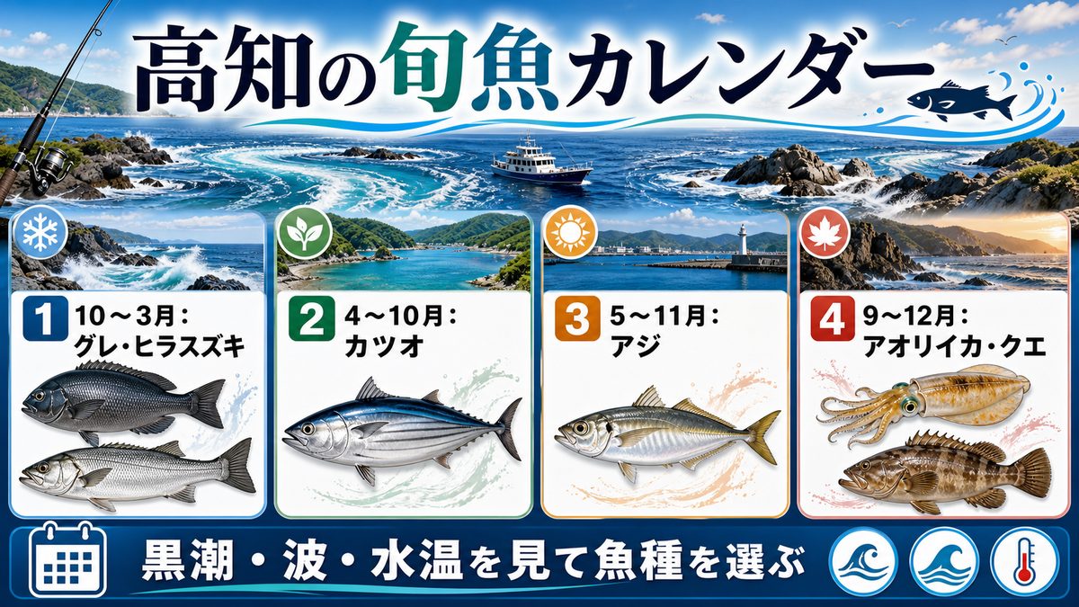 6. 高知で釣れる主な魚種と旬の時期(比較表付き)の要点をまとめた釣り攻略インフォグラフィック