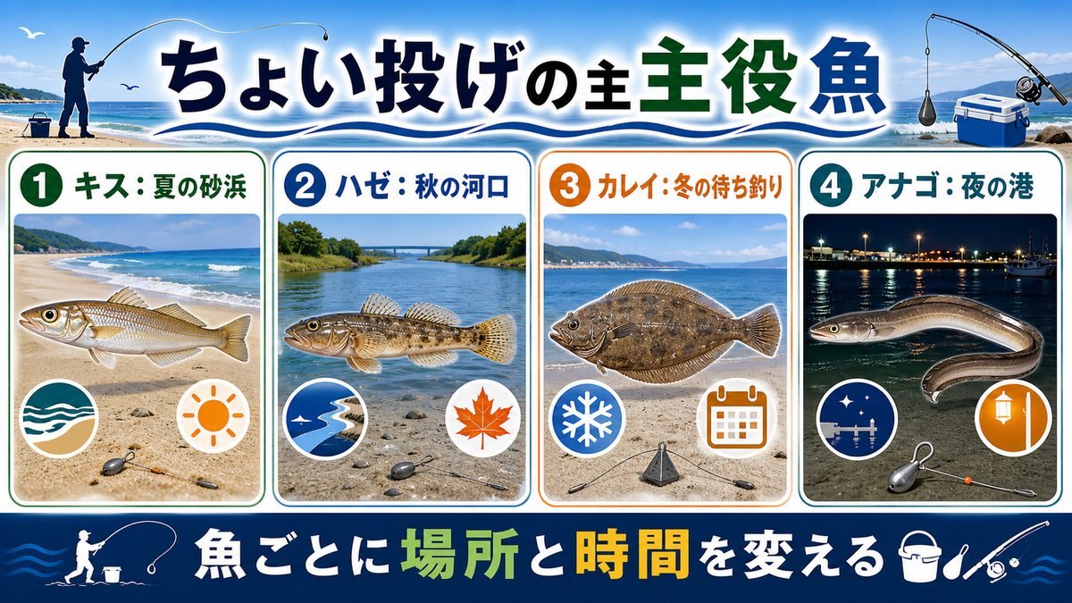 2. ちょい投げで釣れる魚一覧｜シロギス・ハゼ・カレイ・アナゴの要点をまとめた釣り攻略インフォグラフィック