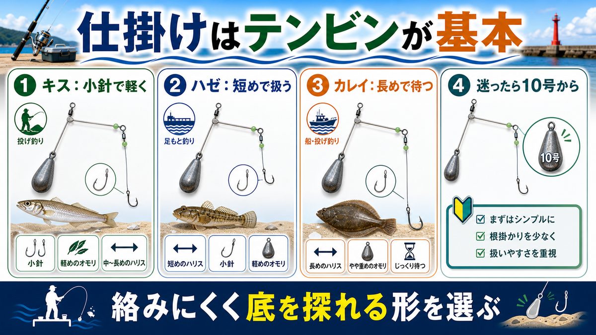 4. 仕掛けの種類と選び方｜市販の天秤仕掛けと自作の違いの要点をまとめた釣り攻略インフォグラフィック
