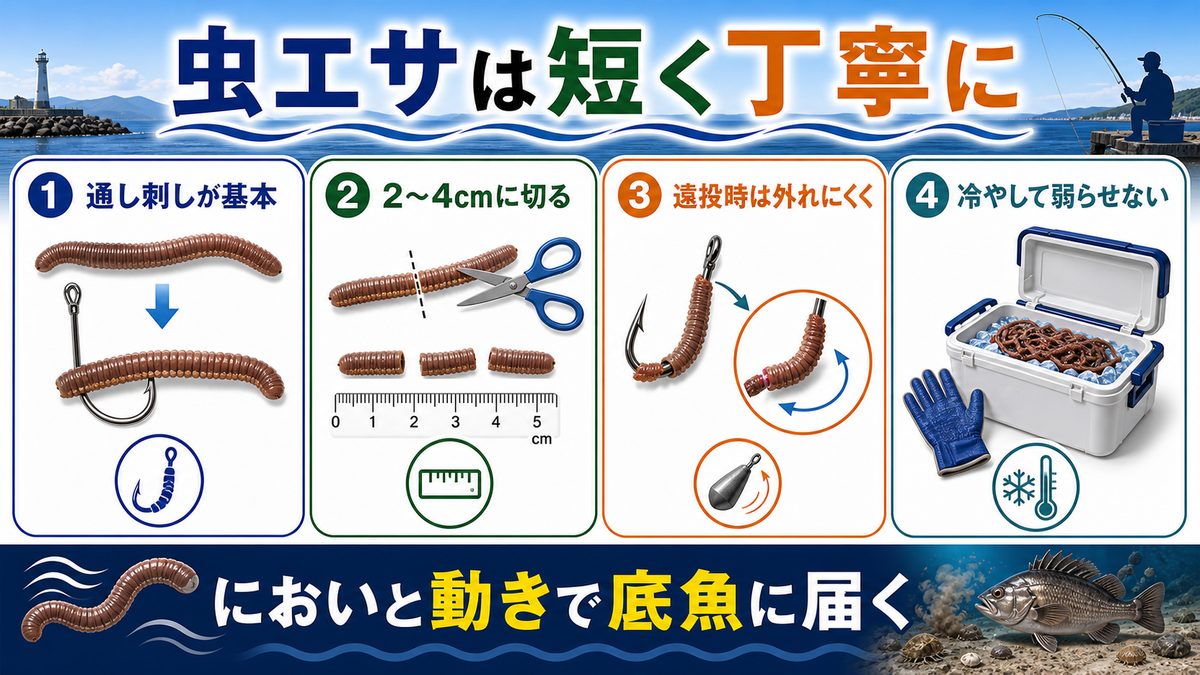 5. エサの選び方と付け方｜アオイソメの正しい使い方の要点をまとめた釣り攻略インフォグラフィック