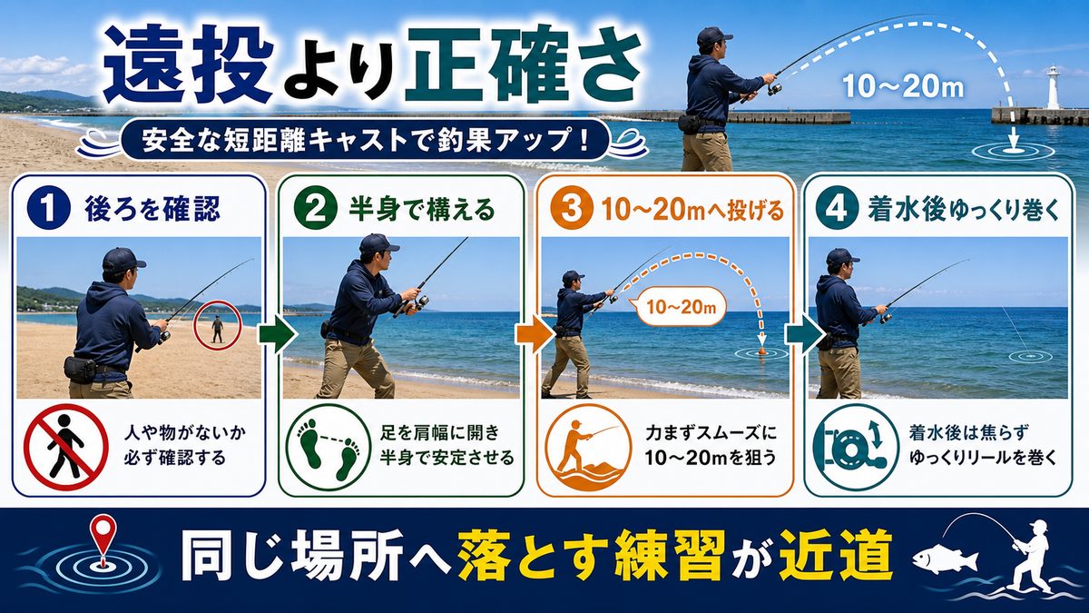 6. 投げ方の基本｜遠投しなくても釣れる投げ方の練習方法の要点をまとめた釣り攻略インフォグラフィック