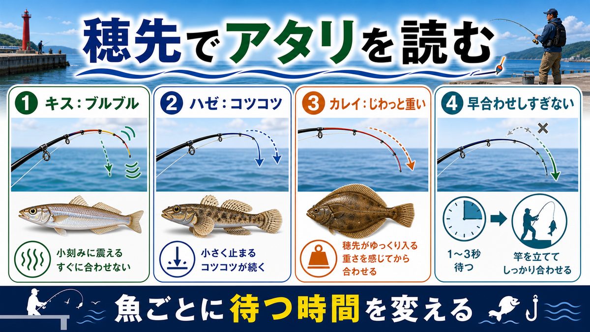 7. アタリの見方と合わせ｜穂先を見てアタリを取るコツの要点をまとめた釣り攻略インフォグラフィック