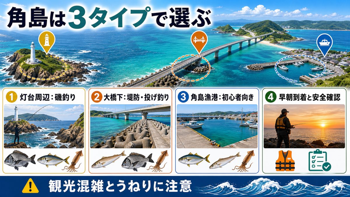 2. 角島(つのしま)の磯・堤防釣り|絶景と魚影を兼ね備えた名釣り場の要点をまとめた釣り攻略インフォグラフィック
