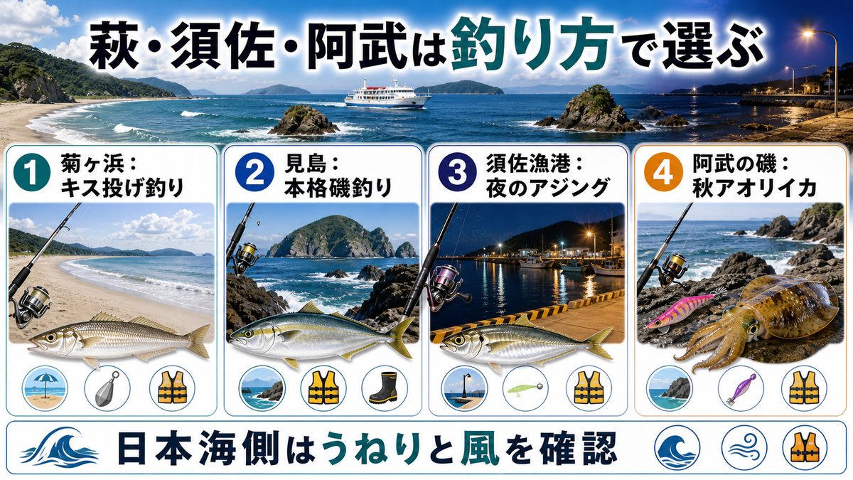 3. 萩・須佐・阿武の日本海側釣りスポットの要点をまとめた釣り攻略インフォグラフィック