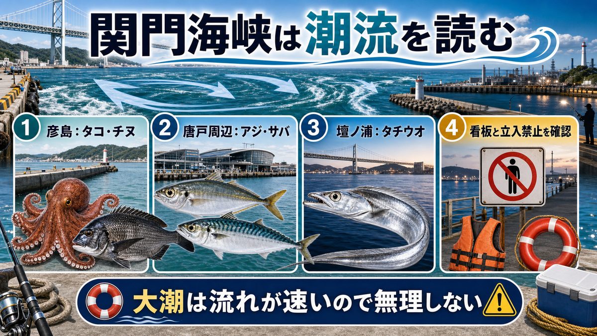 4. 下関・彦島の関門海峡釣り|フグ・タコ・チヌが狙える港湾の要点をまとめた釣り攻略インフォグラフィック