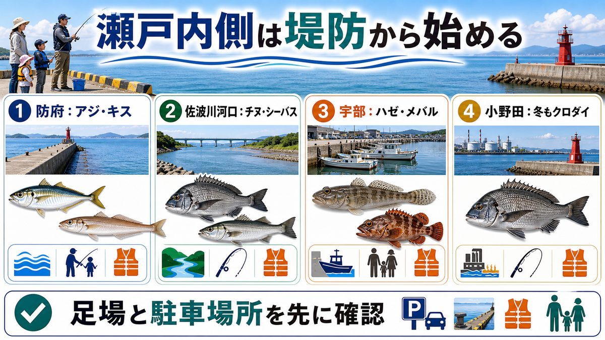 5. 防府・宇部・山陽小野田の瀬戸内海側堤防釣りの要点をまとめた釣り攻略インフォグラフィック