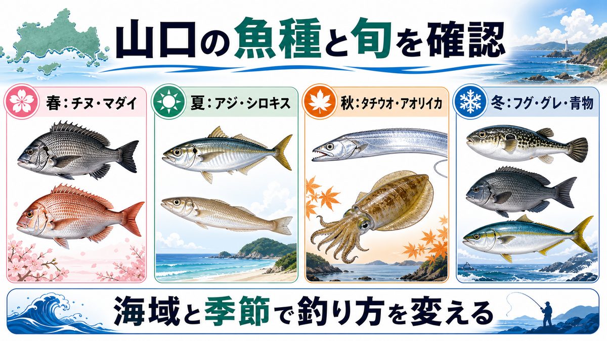 6. 山口で釣れる主な魚種と旬の時期(比較表付き)の要点をまとめた釣り攻略インフォグラフィック