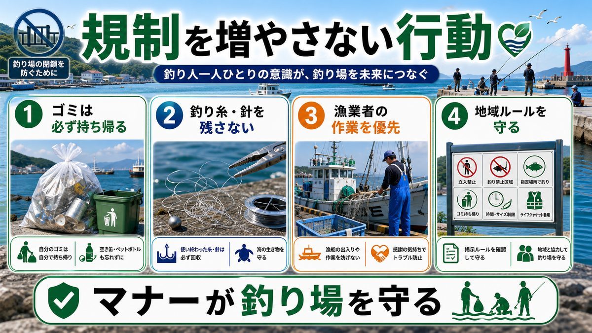 5. マナー問題と自主規制の動きの要点をまとめた釣り攻略インフォグラフィック