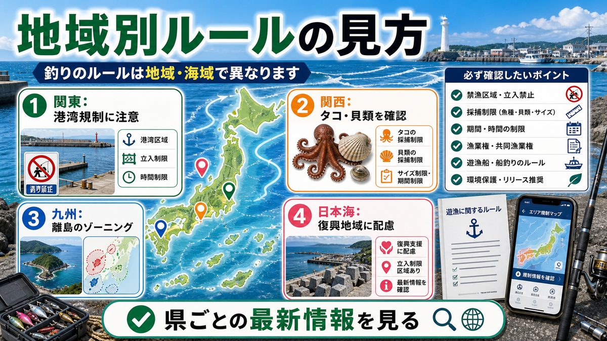 6. 都道府県別・海域別の注目規制情報の要点をまとめた釣り攻略インフォグラフィック