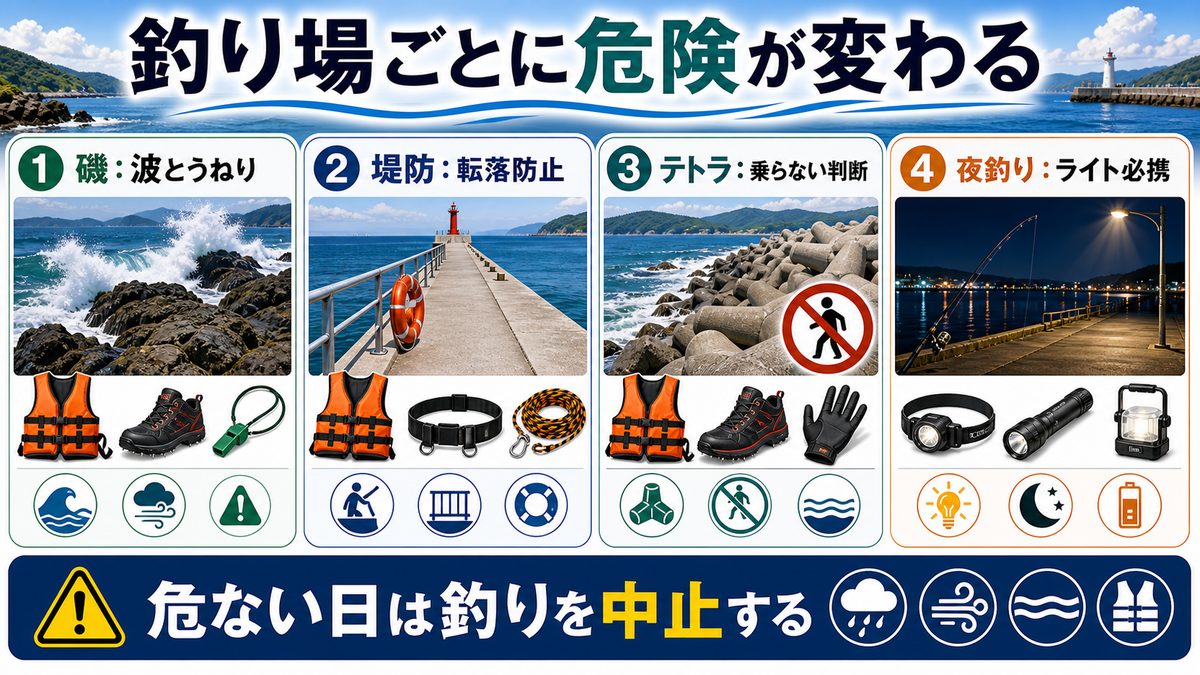 釣り場別の安全対策と具体的な装備の要点をまとめた釣り攻略インフォグラフィック