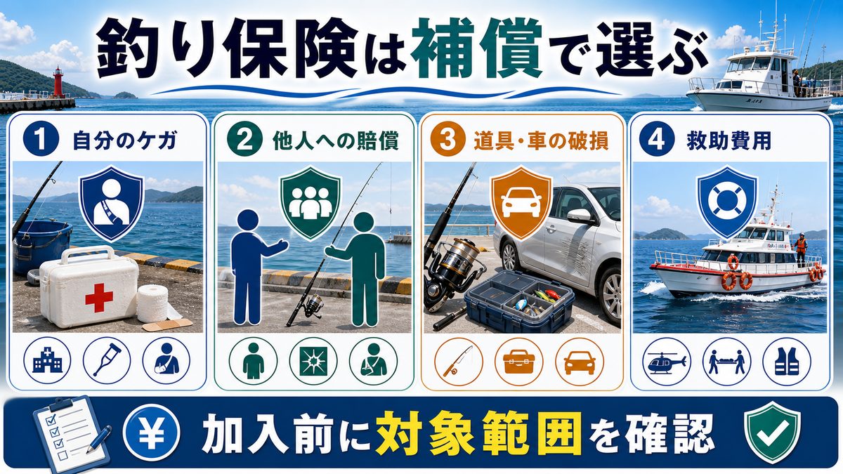 釣り保険の種類と加入方法の要点をまとめた釣り攻略インフォグラフィック