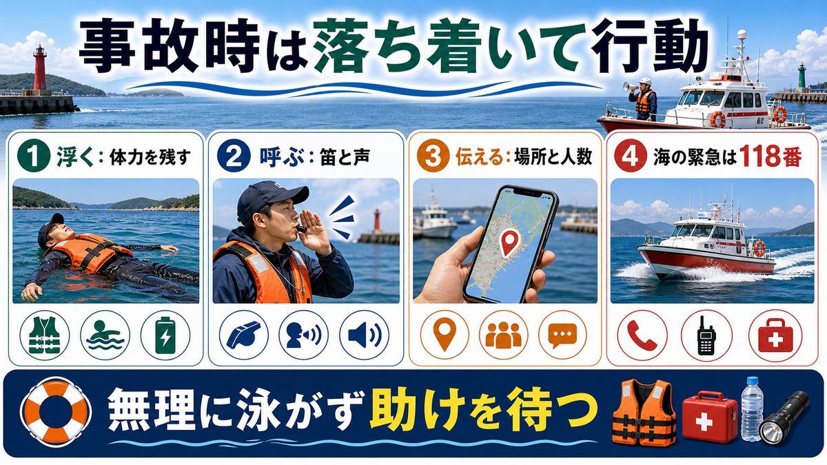 釣り中の事故発生時の対処法と緊急連絡先の要点をまとめた釣り攻略インフォグラフィック