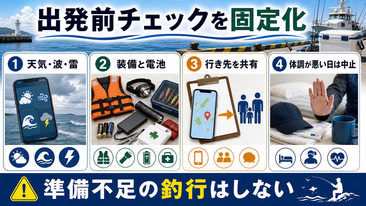 安全釣行のための準備と事前チェックの要点をまとめた釣り攻略インフォグラフィック