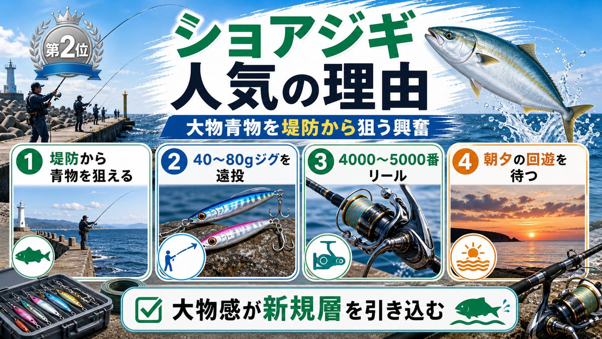 第2位：ショアジギング｜大物青物を堤防から狙う興奮の要点をまとめた釣り攻略インフォグラフィック