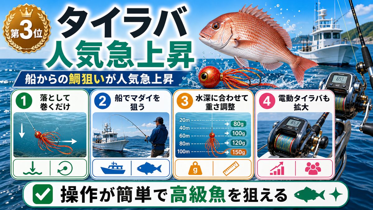 第3位：タイラバ（タイカブラ）｜船からの鯛狙いが人気急上昇の要点をまとめた釣り攻略インフォグラフィック