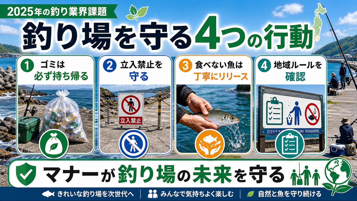 2025年の釣り業界課題：マナーと環境問題への取り組みの要点をまとめた釣り攻略インフォグラフィック
