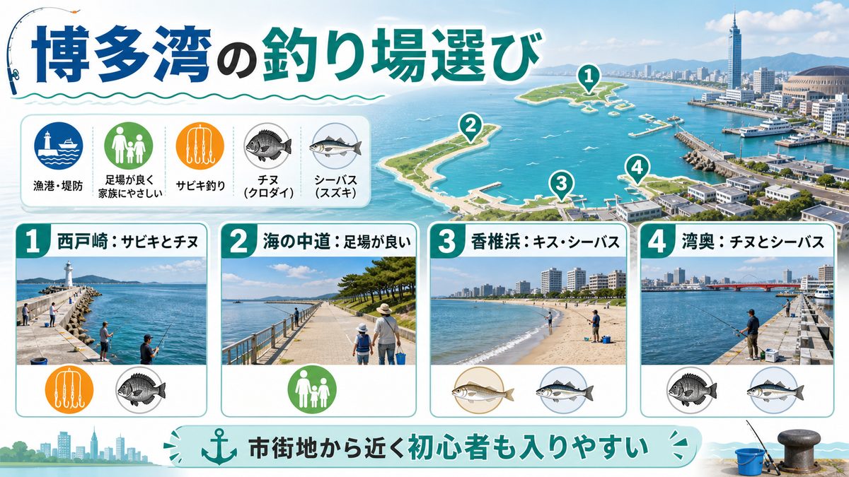 博多湾エリアの主要釣りスポットの要点をまとめた釣り攻略インフォグラフィック