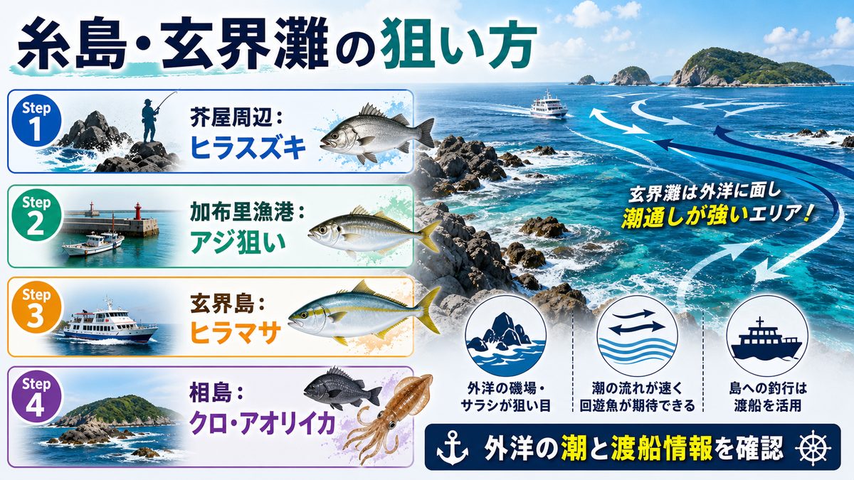 糸島・玄界灘エリアのスポットの要点をまとめた釣り攻略インフォグラフィック