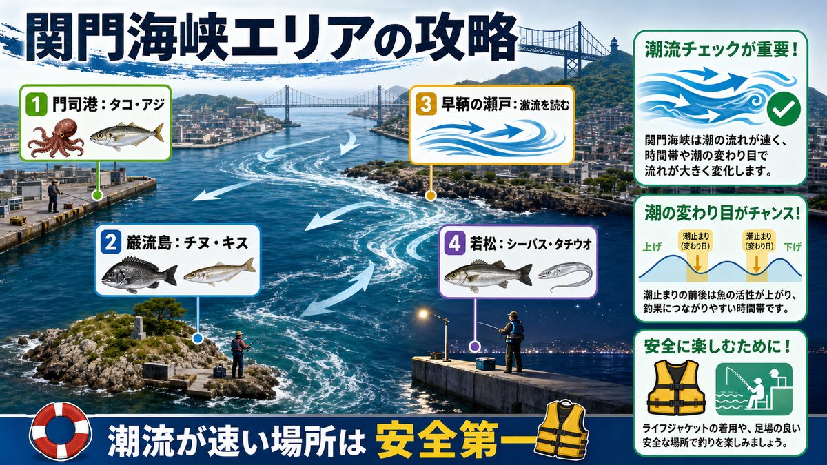 北九州・関門海峡エリアのスポットの要点をまとめた釣り攻略インフォグラフィック