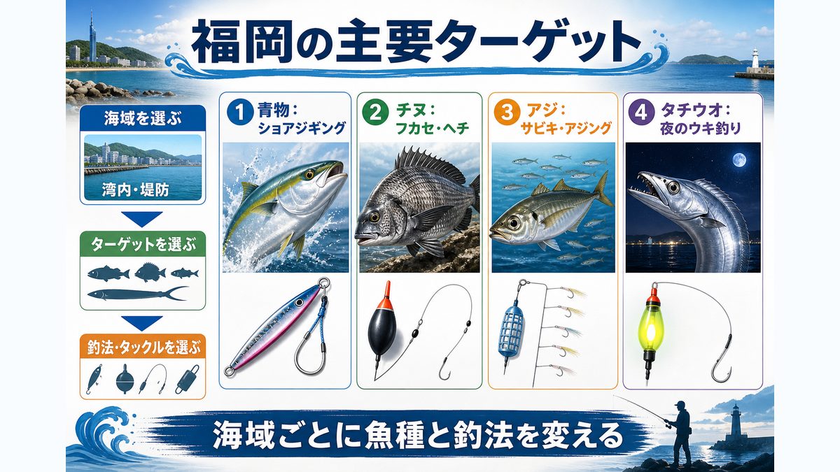 福岡で釣れる主な魚種の要点をまとめた釣り攻略インフォグラフィック