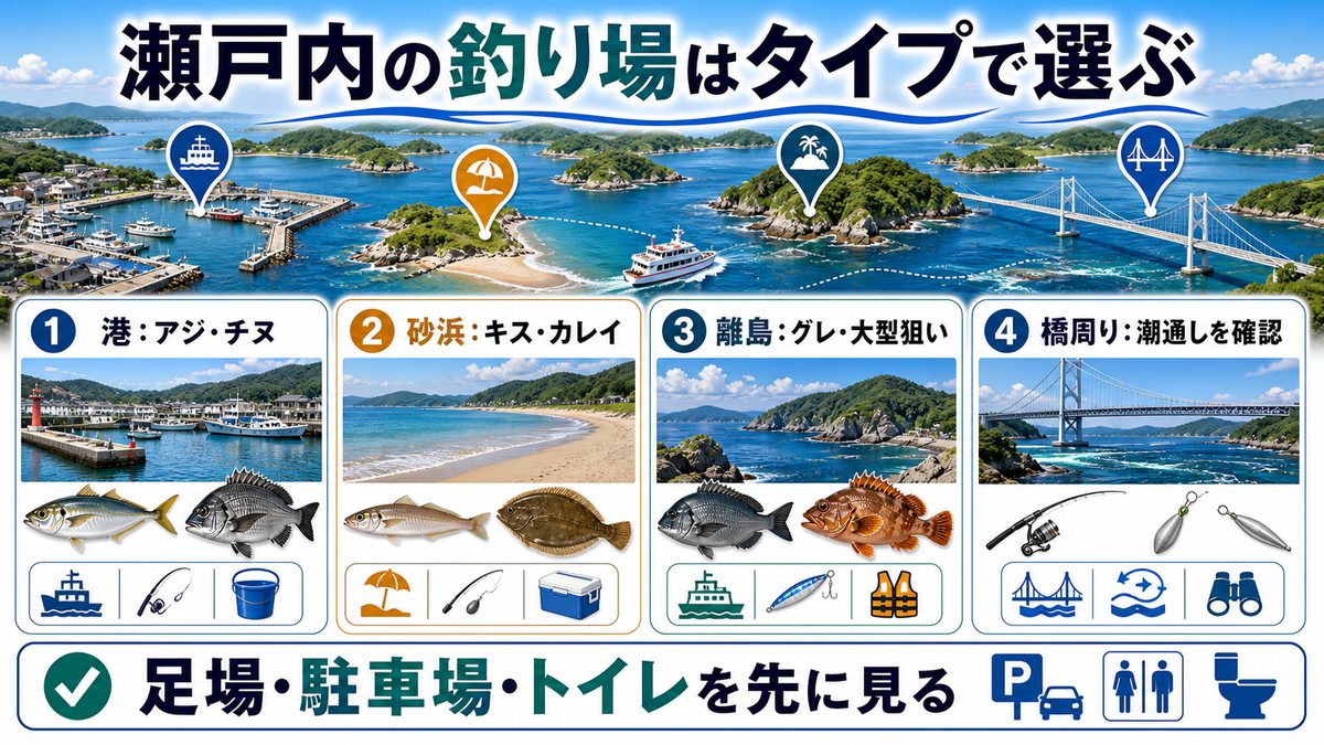 主要釣りポイント紹介（10か所）の要点をまとめた釣り攻略インフォグラフィック