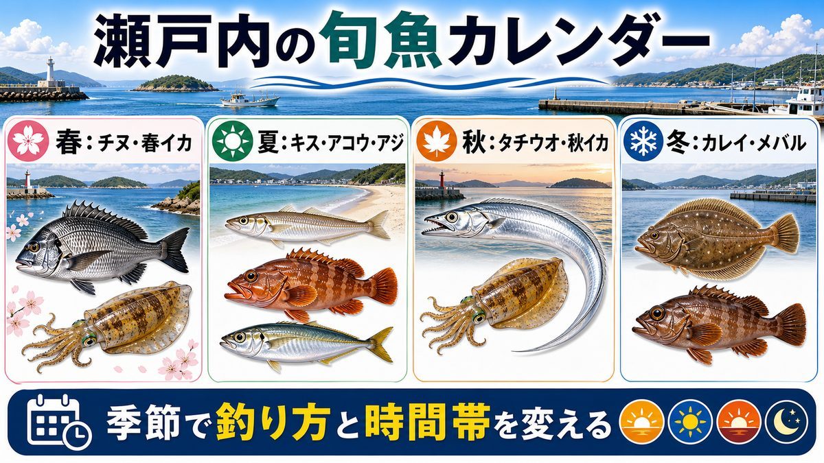 釣れる魚種・シーズンカレンダーの要点をまとめた釣り攻略インフォグラフィック