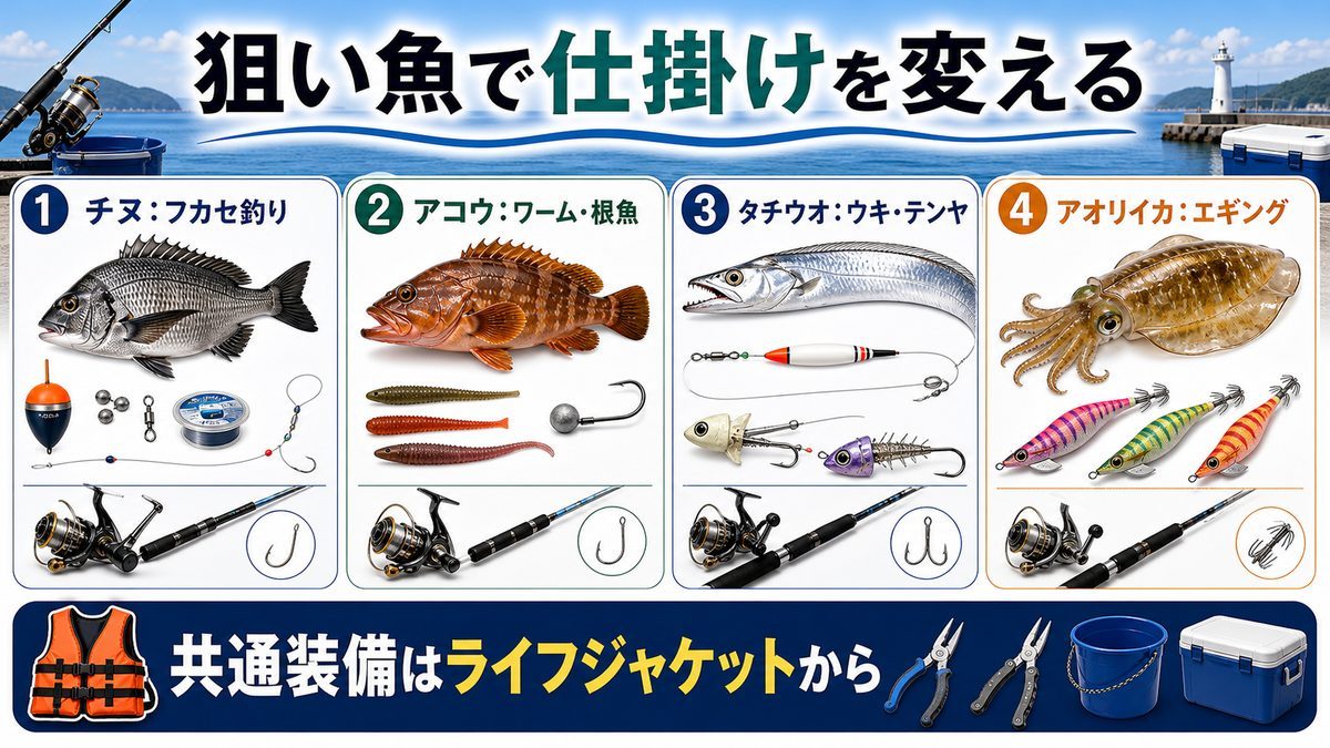 必要なタックル・仕掛けの要点をまとめた釣り攻略インフォグラフィック
