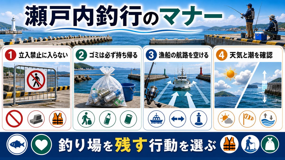 注意事項・マナーの要点をまとめた釣り攻略インフォグラフィック