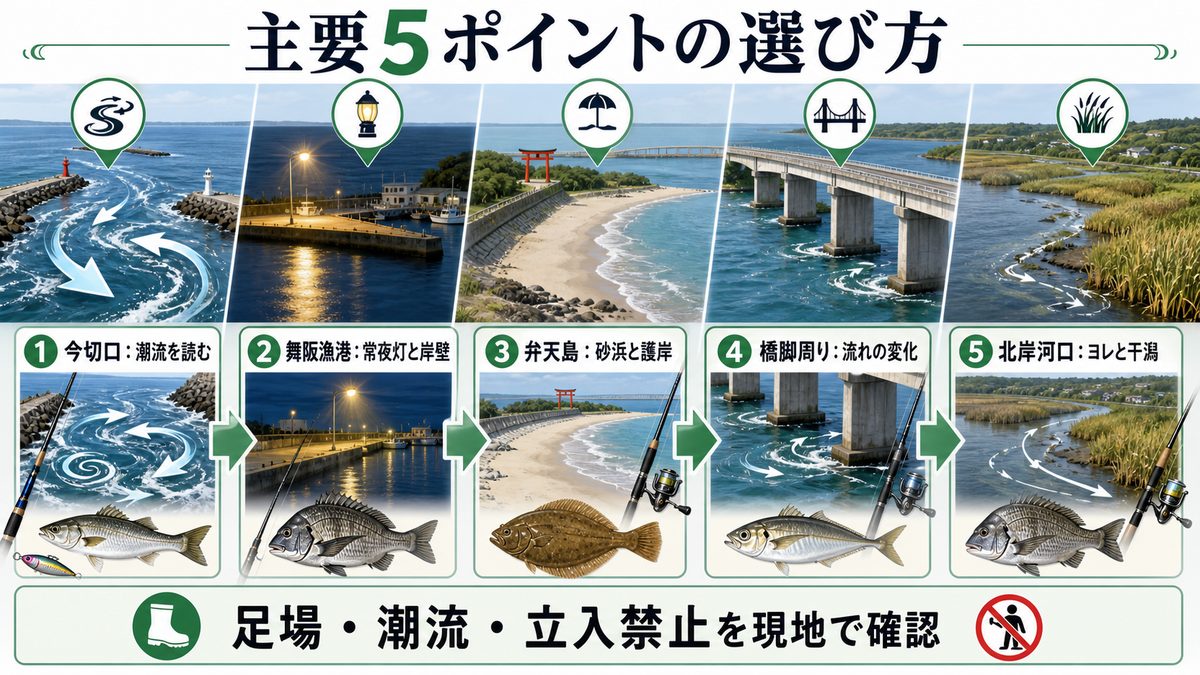 主要釣りポイント詳細解説の要点をまとめた釣り攻略インフォグラフィック