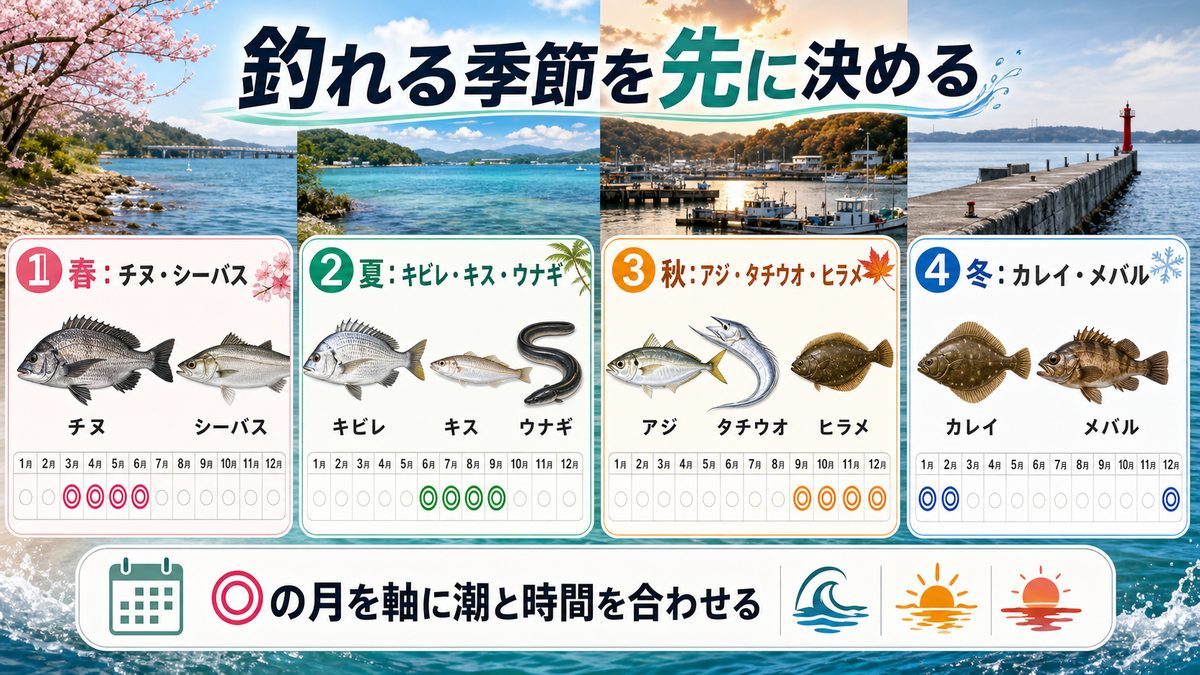 魚種別・月別シーズンカレンダーの要点をまとめた釣り攻略インフォグラフィック