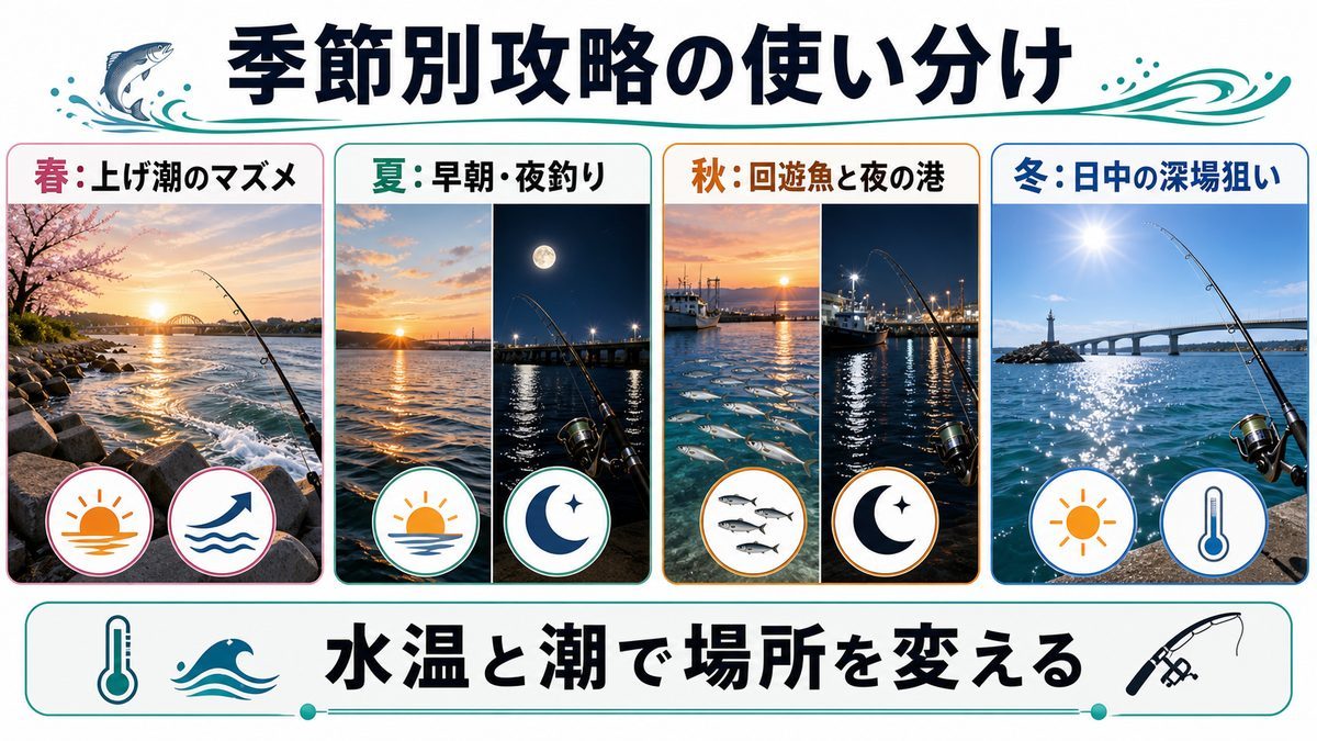 季節別攻略法の要点をまとめた釣り攻略インフォグラフィック
