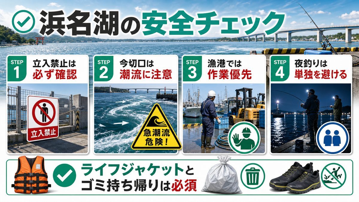 注意事項・ルール・マナーの要点をまとめた釣り攻略インフォグラフィック