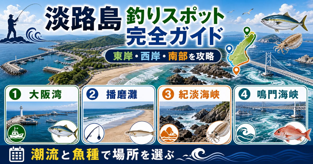 淡路島の釣りスポット完全ガイド｜堤防・磯・サーフの厳選15ポイントを地元目線で徹底紹介の要点を伝える釣り記事アイキャッチ画像