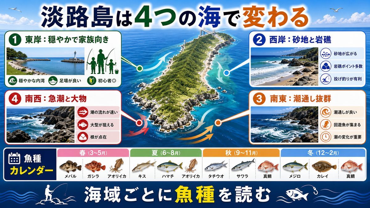 淡路島の海域特性と魚種カレンダーの要点をまとめた釣り攻略インフォグラフィック