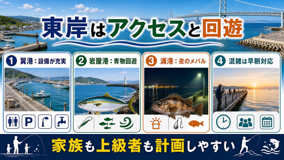 東岸エリア（大阪湾側）：ファミリーから上級者までの要点をまとめた釣り攻略インフォグラフィック